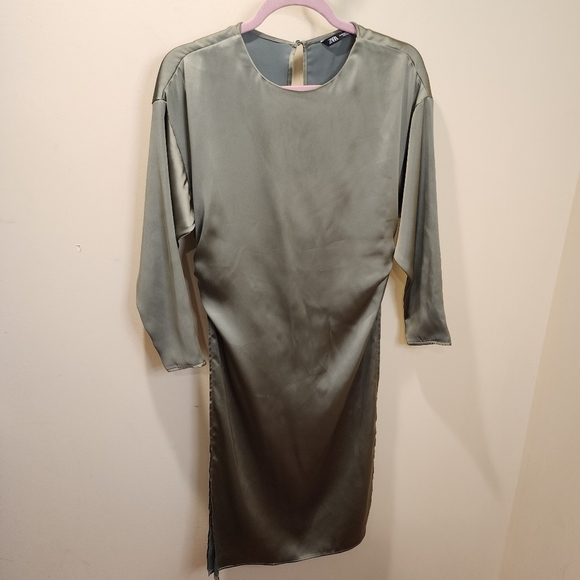 ZARA Olive Green Satin 3/4 Sleeve High Side Slits Midi Dress Top XS - Picture 2 of 13